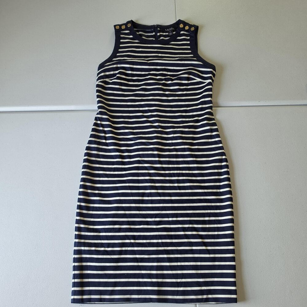 Lauren Ralph Lauren Dress Womens 8 Blue Striped Sheath Knee Length Nautical